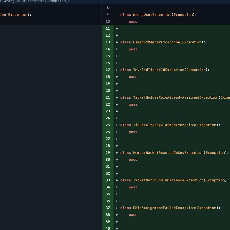 Screenshot of almost empty python classes defining exception types, the only line each one has is a pass statement.